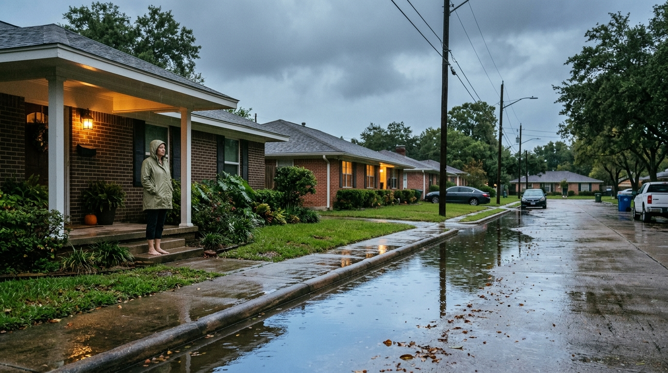 Homeowner on a porch looking at floodwater pooling along a Houston suburban street after rain