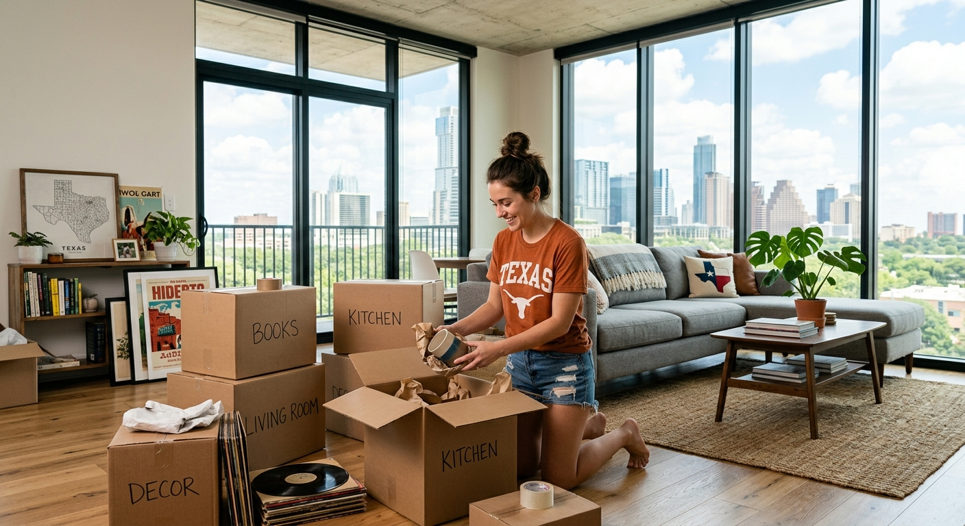 Person signing a renters insurance policy document at a desk in a bright Texas apartment with moving boxes nearby