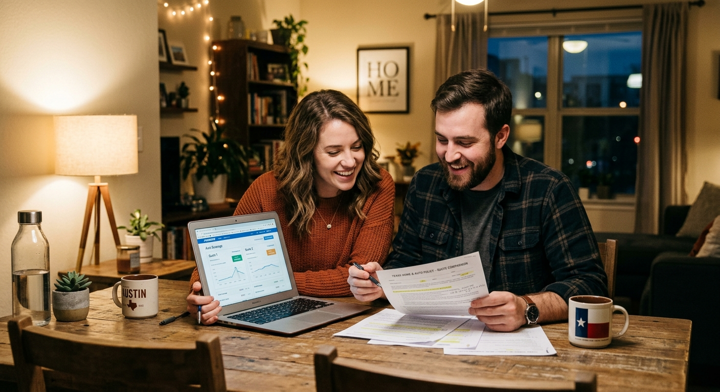 Young Texas couple reviewing insurance documents at a kitchen table in their apartment, laptop open beside them