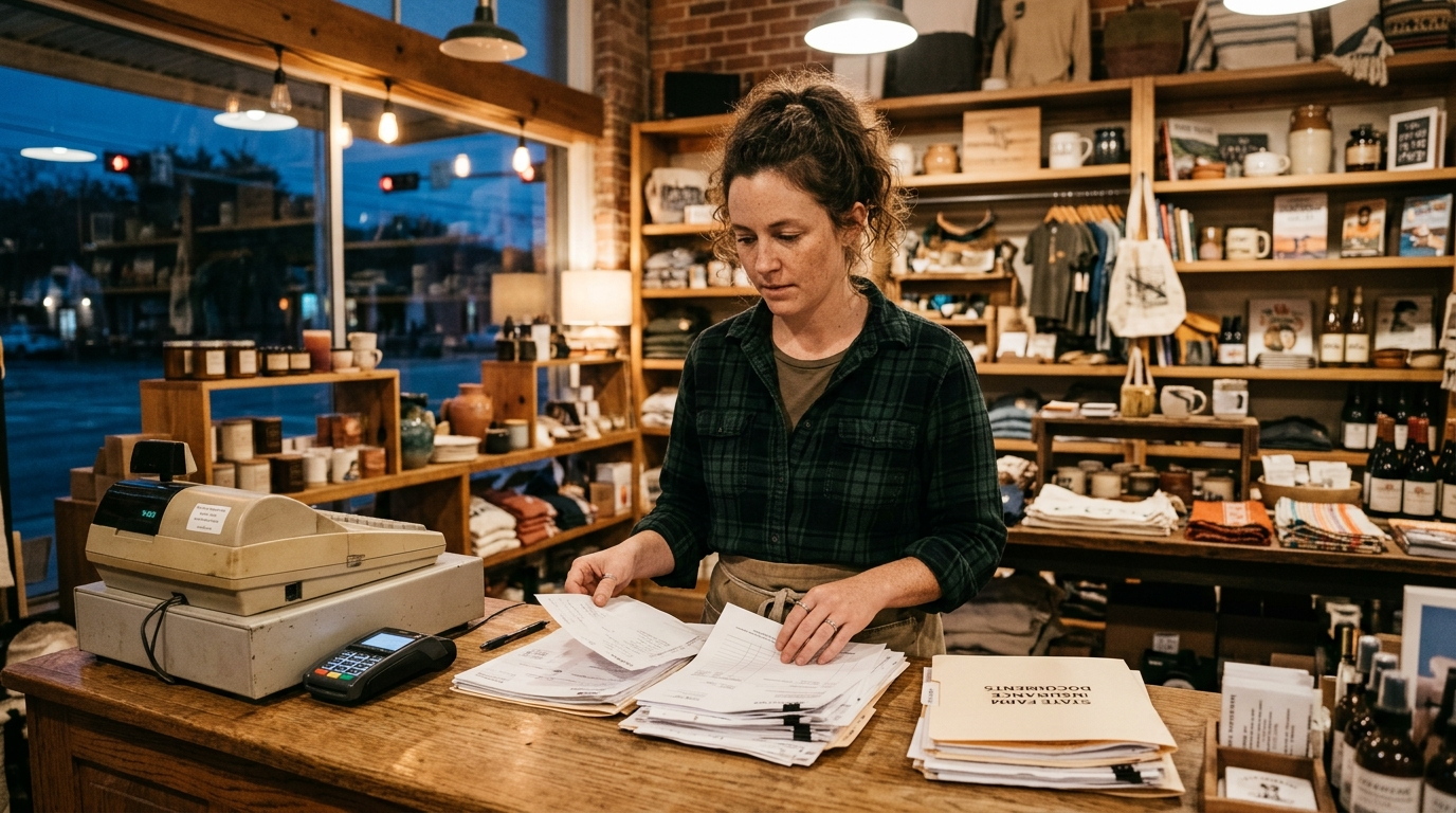 Small business owner reviewing insurance documents at a desk in a Houston Texas office