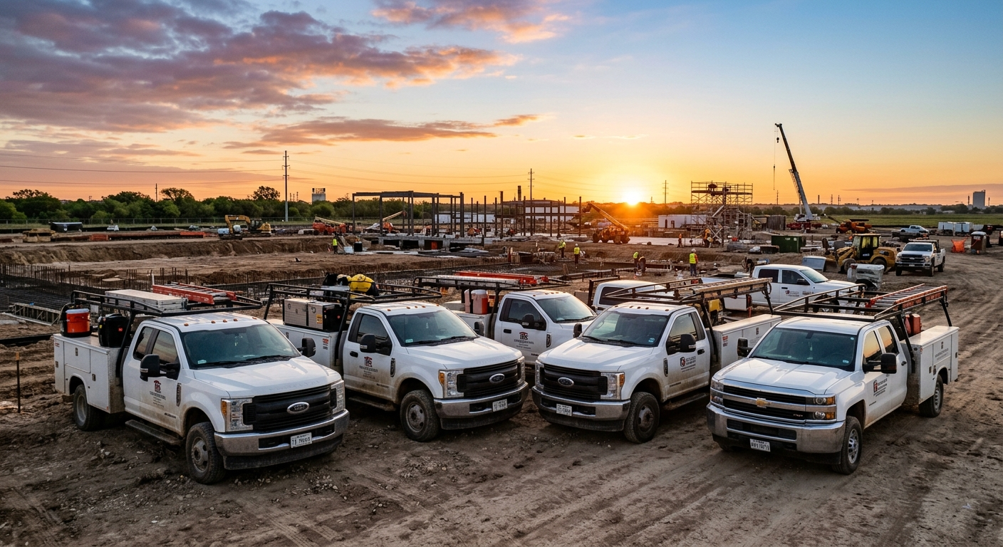 Contractor work trucks parked at a Texas jobsite on a sunny morning, ready for the day