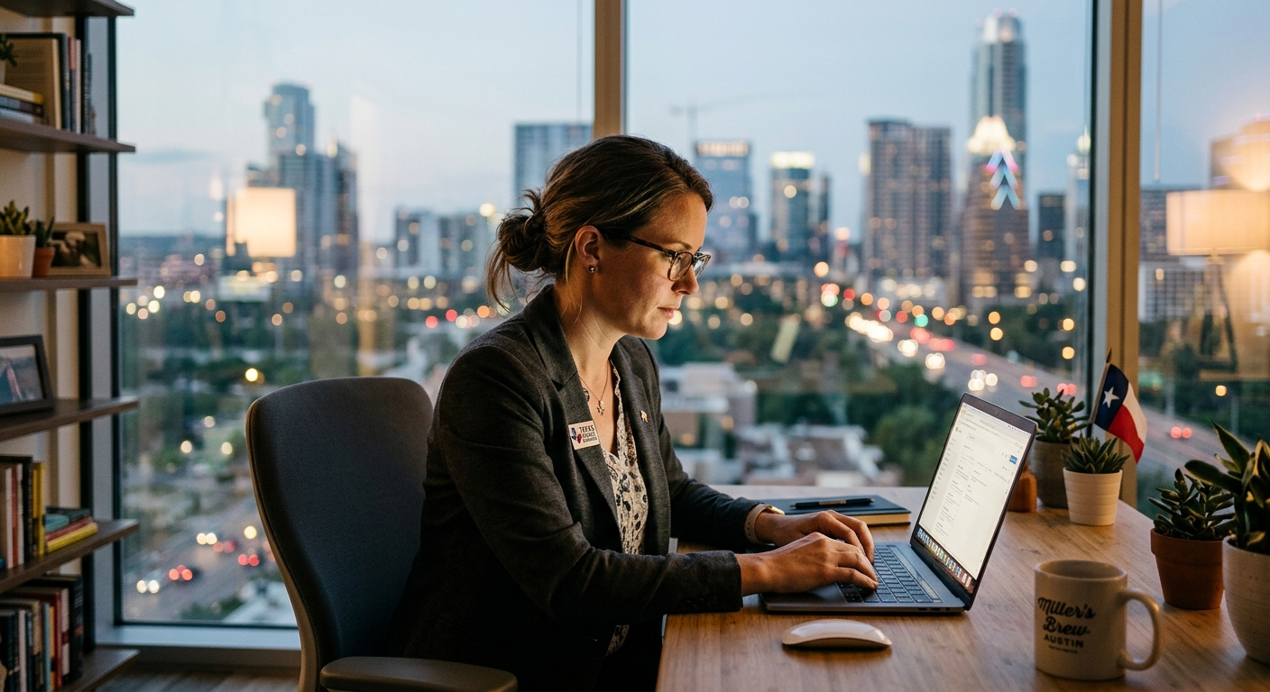 Small business owner reviewing cybersecurity alerts on a laptop in a Houston office