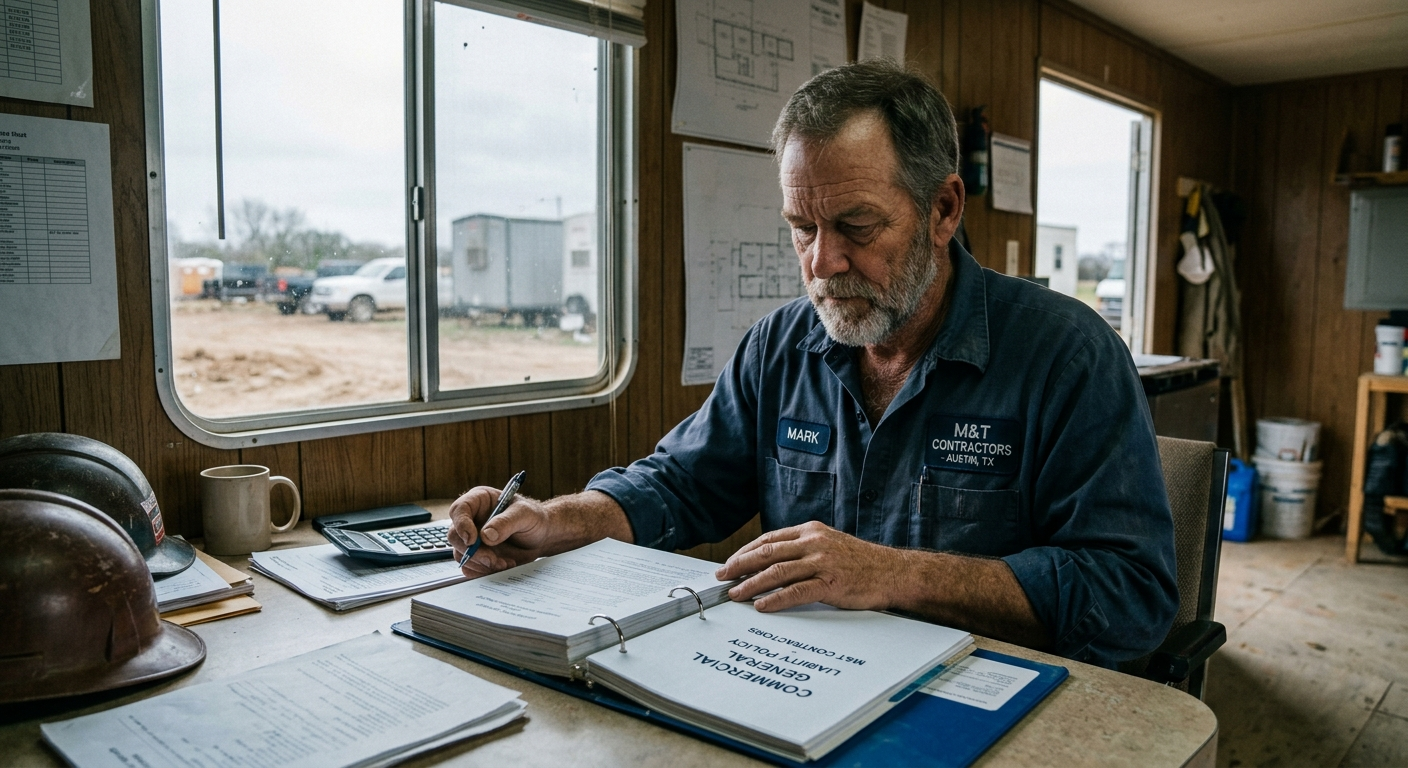 Small business owner reviewing insurance documents at a desk in a Texas office with construction plans nearby