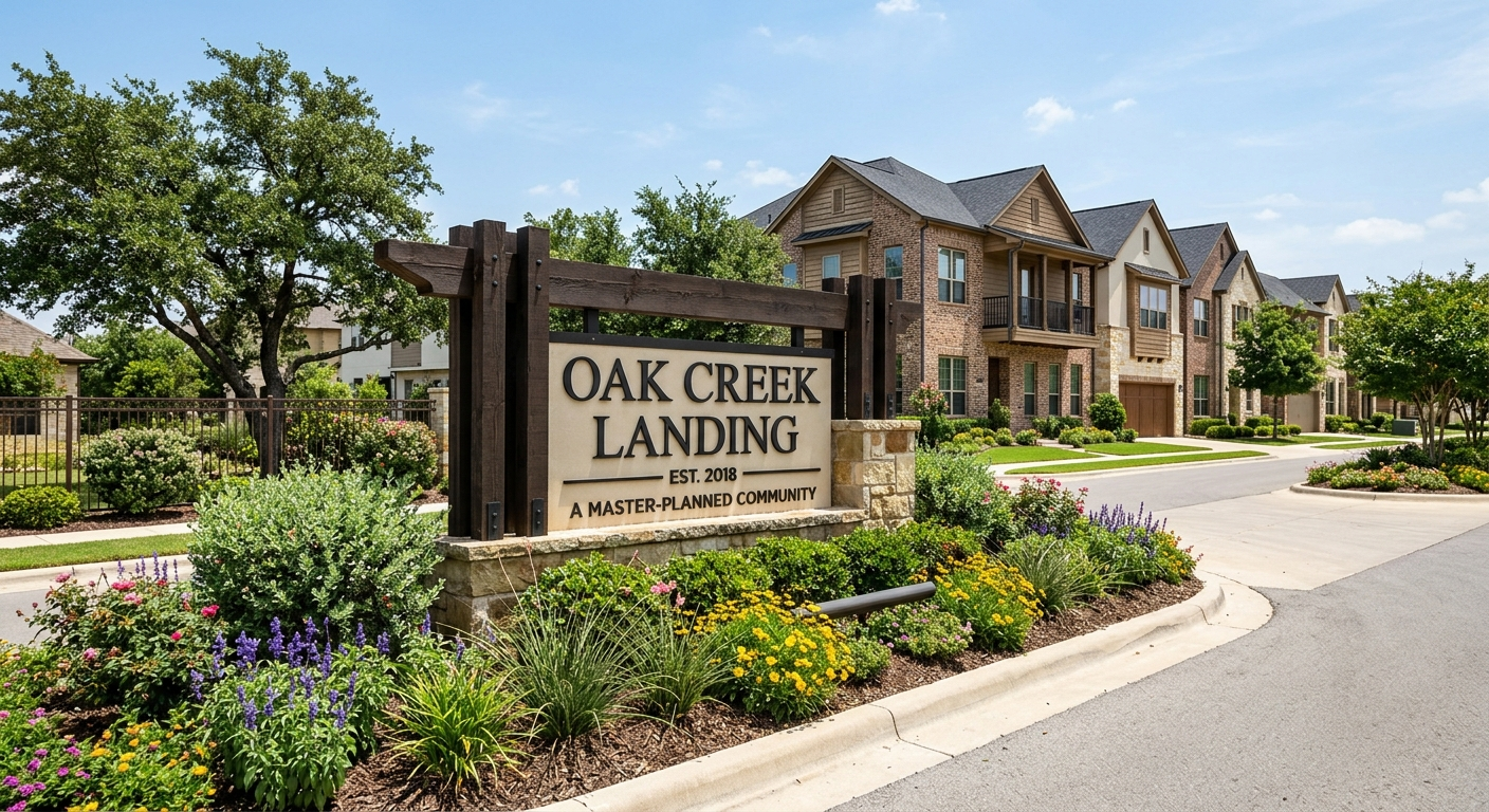 Aerial view of a Texas townhome community with shared rooftops, a pool, and landscaped common areas on a sunny day