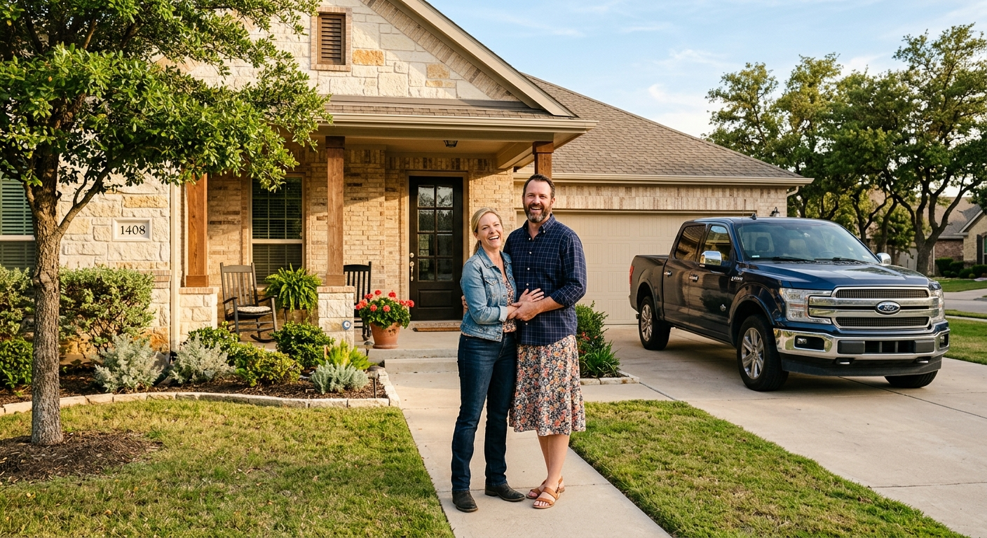 Texas home and car parked in driveway on a sunny afternoon in a suburban Houston neighborhood