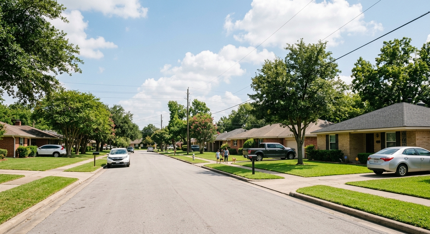 Aerial view of a residential neighborhood in Pasadena Texas with tree-lined streets and single-family homes under partly
