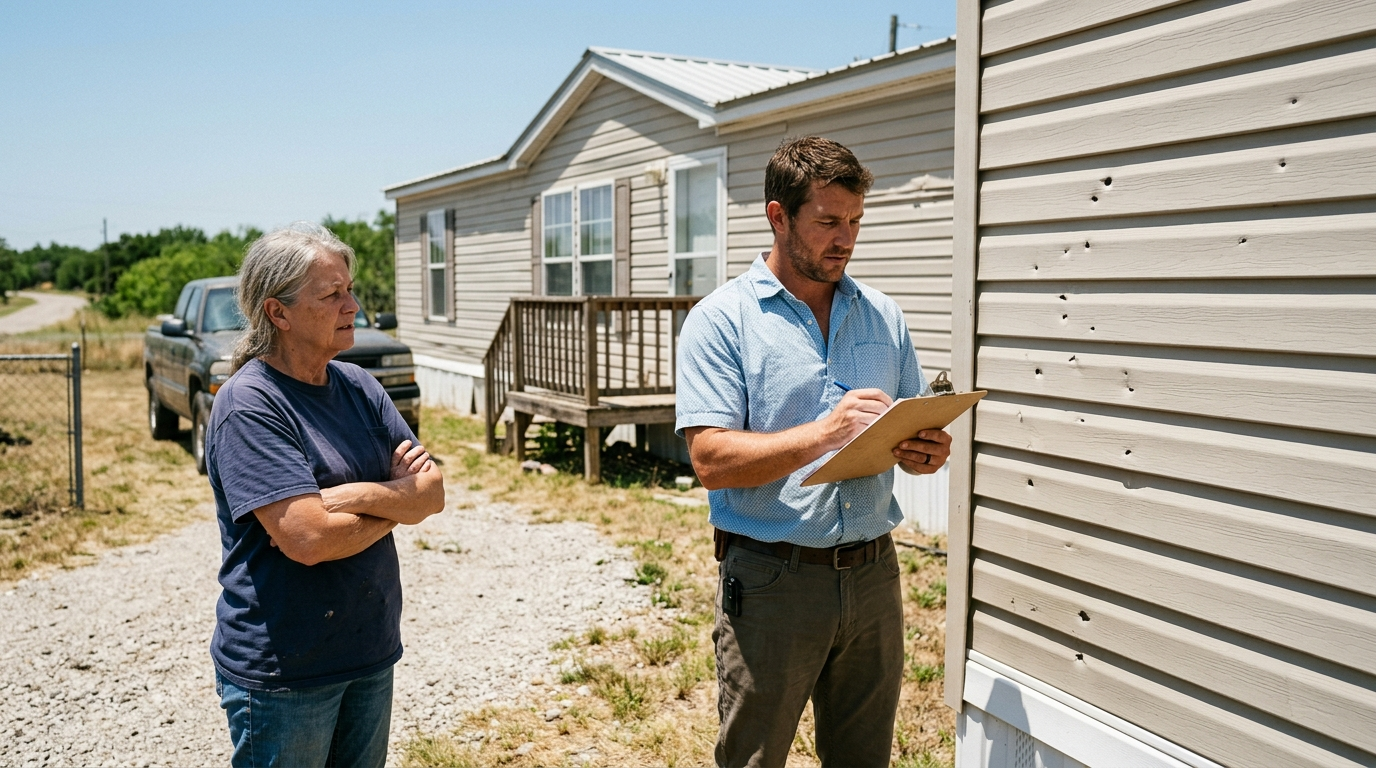 Damaged manufactured home exterior after a Texas storm with visible roof and siding damage under overcast skies