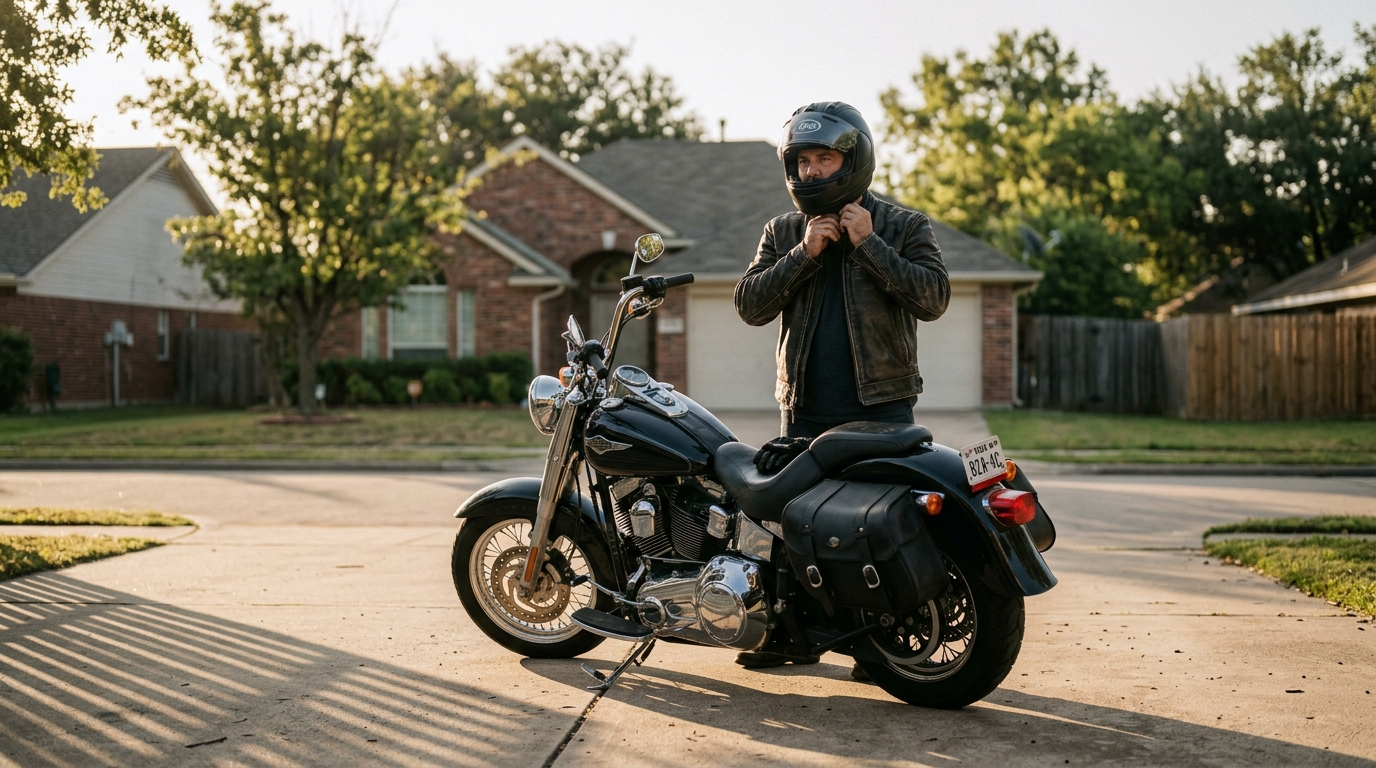 Texas rider on a cruiser motorcycle traveling a two-lane highway with flat open ranchland and a clear blue sky in the