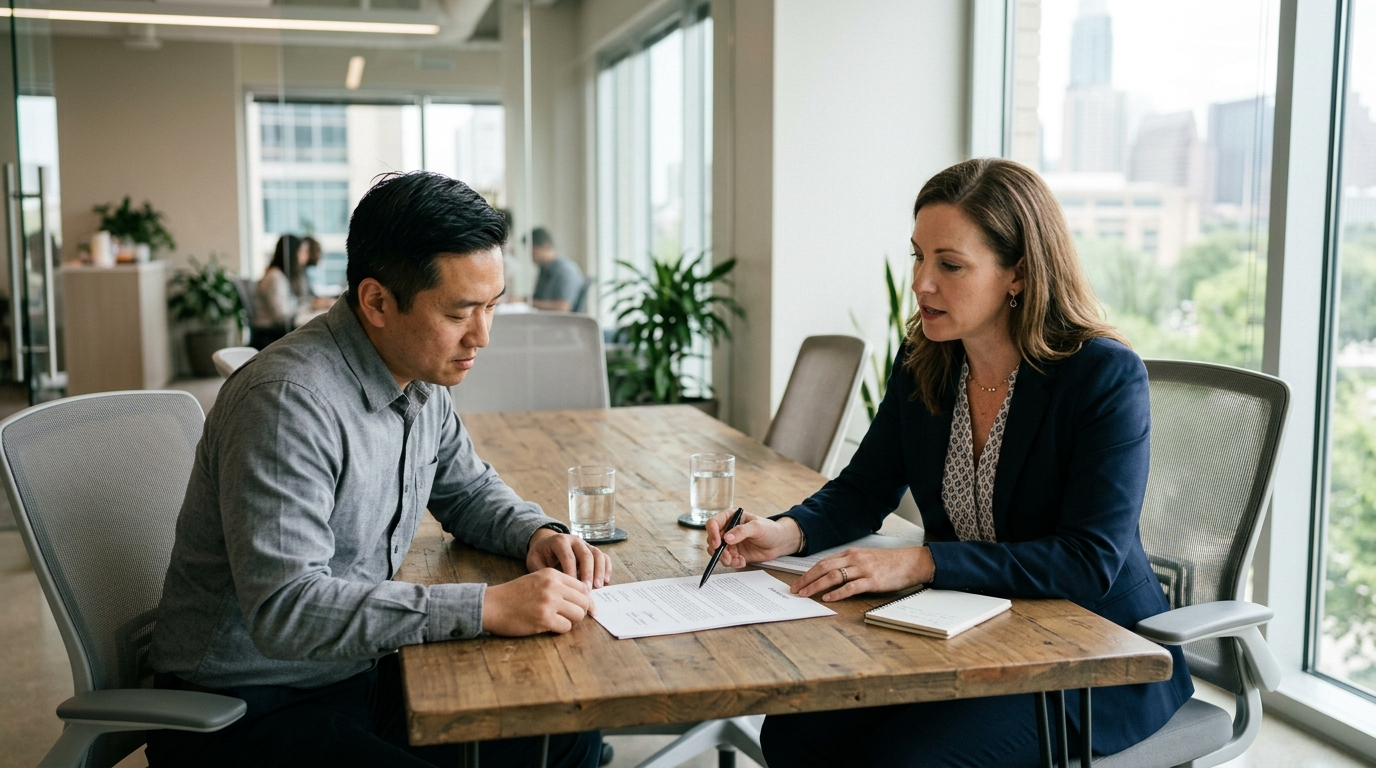 Texas business professional reviewing an errors and omissions insurance policy document at a desk