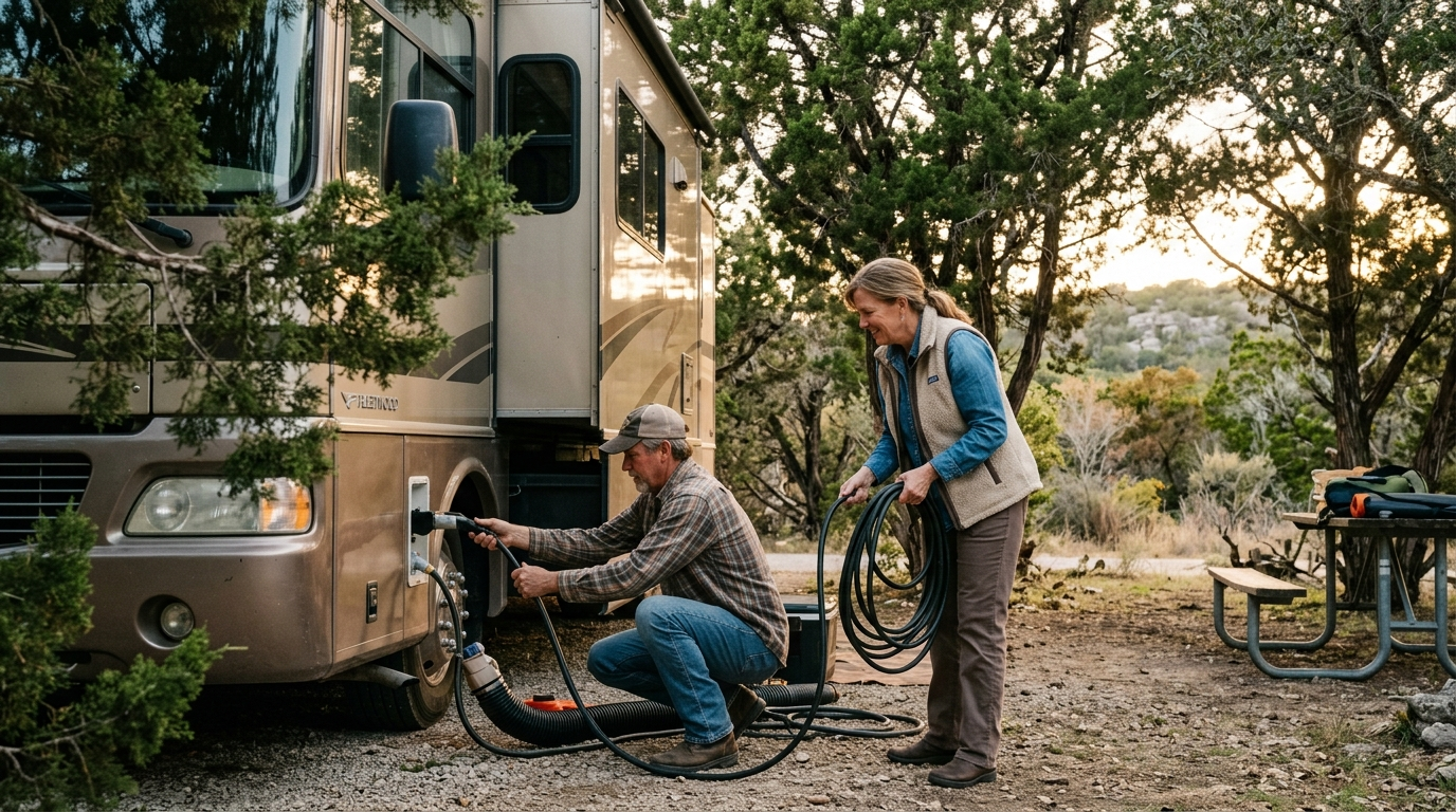 A large class A motorhome parked at a Texas Hill Country campsite with trees and open sky in the background