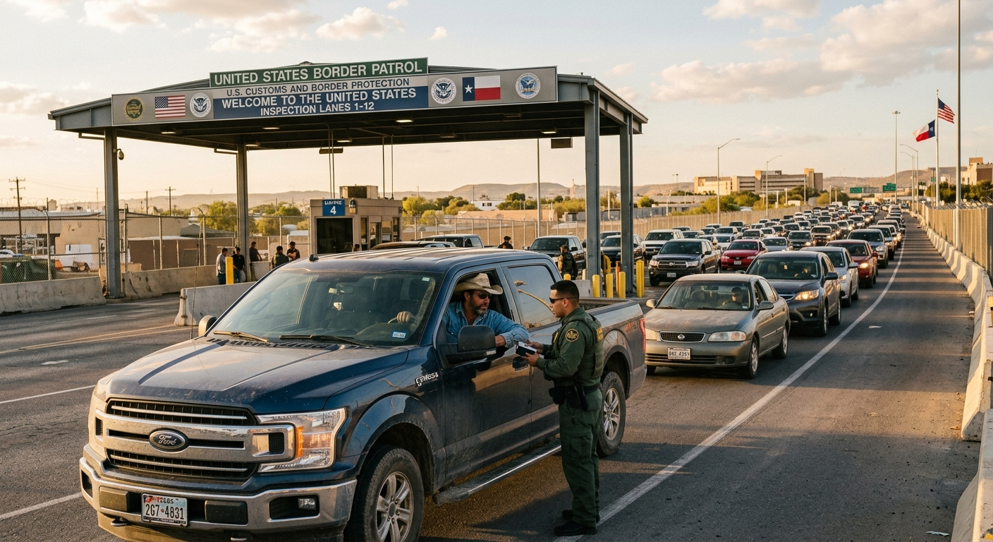 Texas driver reviewing insurance documents at a US-Mexico border crossing checkpoint on a sunny afternoon