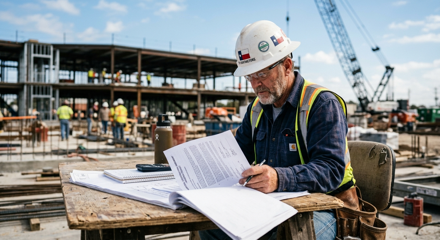 Texas contractor in a hard hat reviewing construction documents at a job site in Houston