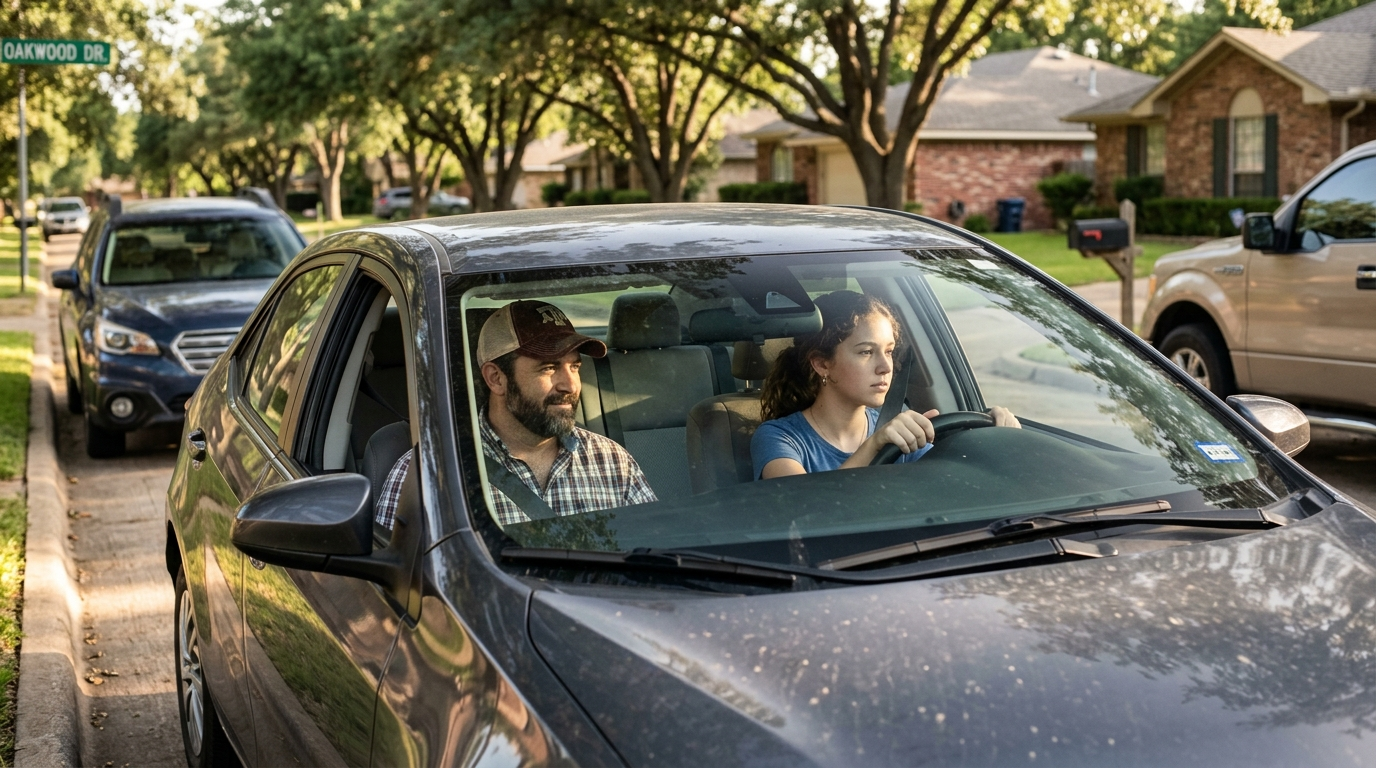 Texas driver in their 30s reviewing auto insurance documents at a desk, with a car visible through the window