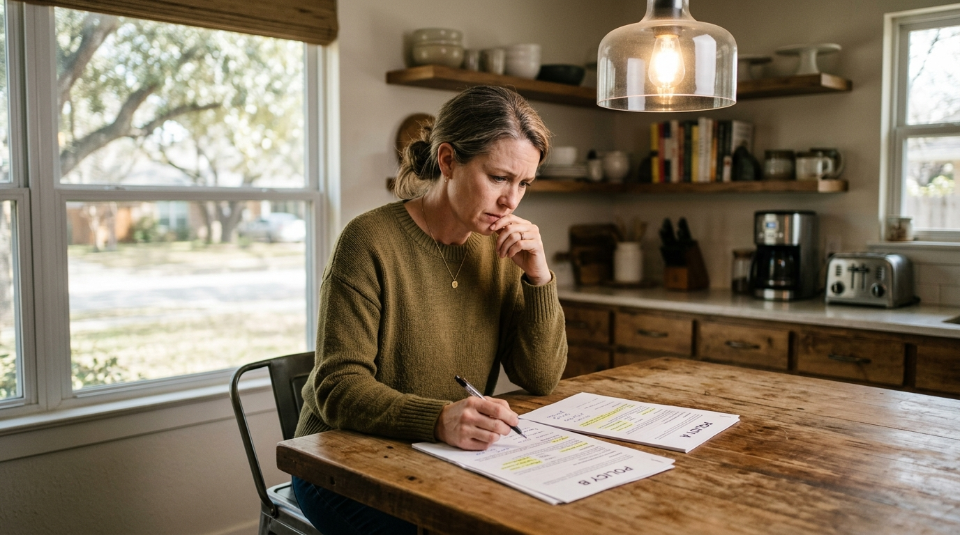 Texas family at home reviewing insurance documents at a kitchen table with a laptop and policy papers spread out