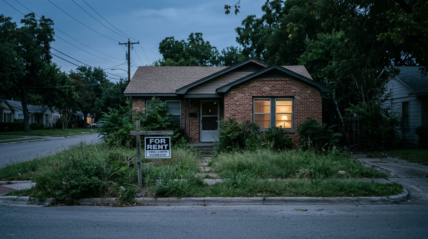 Exterior of an empty single-story Texas home with overgrown lawn and a for-sale sign near the front door on a sunny afternoon