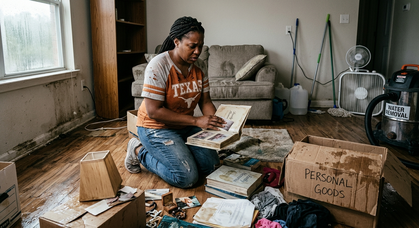 Renter unpacking boxes in a modern Texas apartment with afternoon sunlight coming through large windows