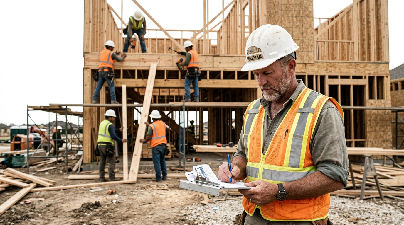 Texas construction job site with workers in hard hats reviewing safety documents near heavy equipment