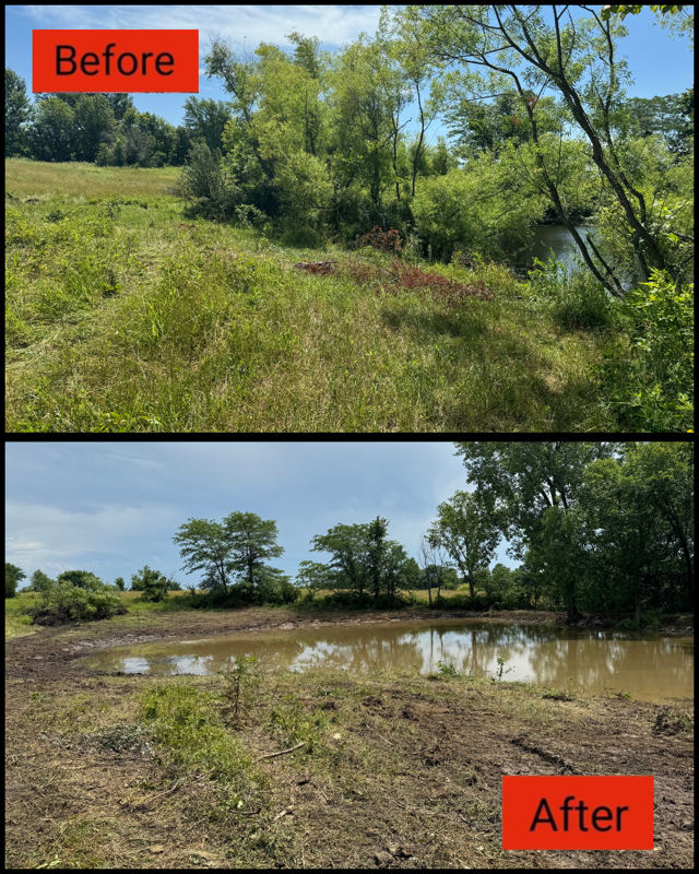 Before-and-after landscape: grassy field before, muddy flooded area after.