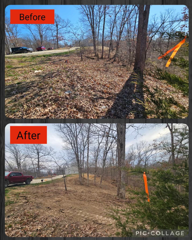 Before-and-after of a cleared wooded lot, showing trees and brush removed.