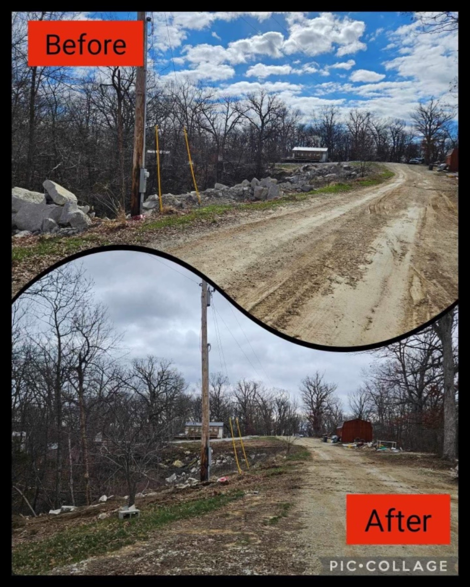 Before-and-after of a dirt road clearing: cloudy sky, trees, and utility poles, with brush removed after.