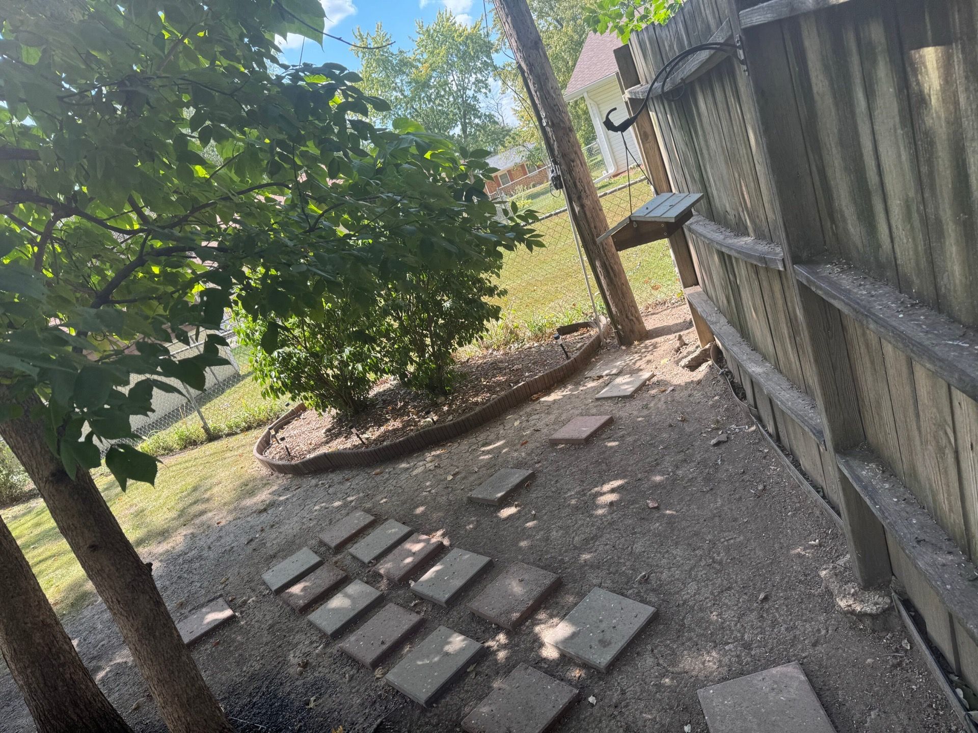 Backyard path with stepping stones, trees, and a wooden fence in sunlight