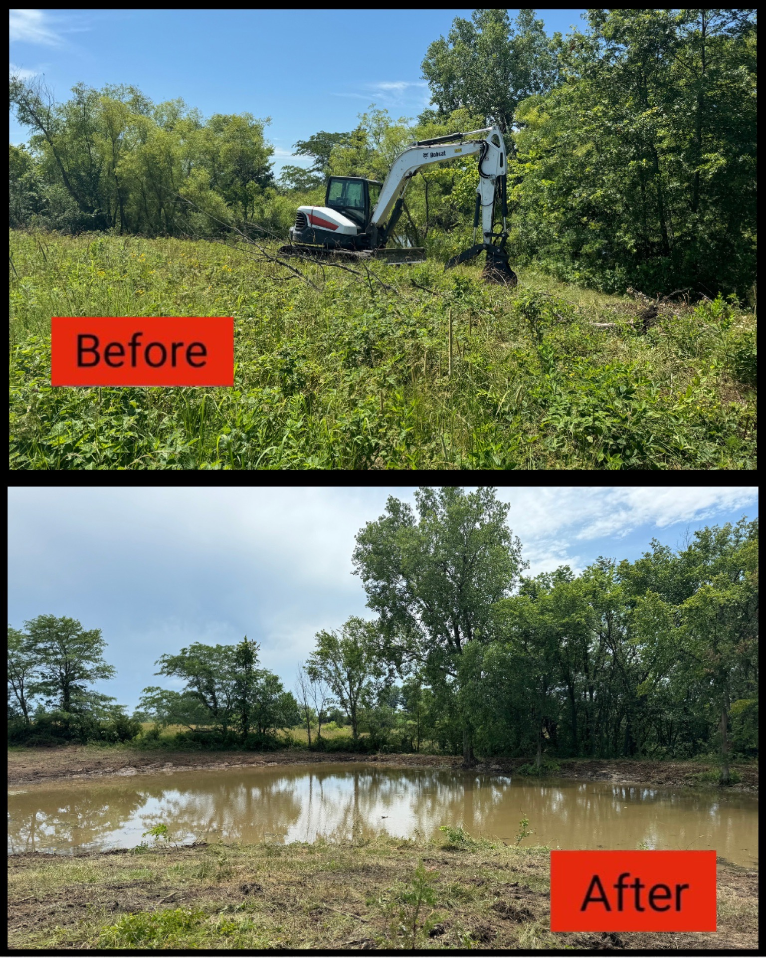 Before-and-after view of wetland clearing: excavator in brush above, open muddy pond below.