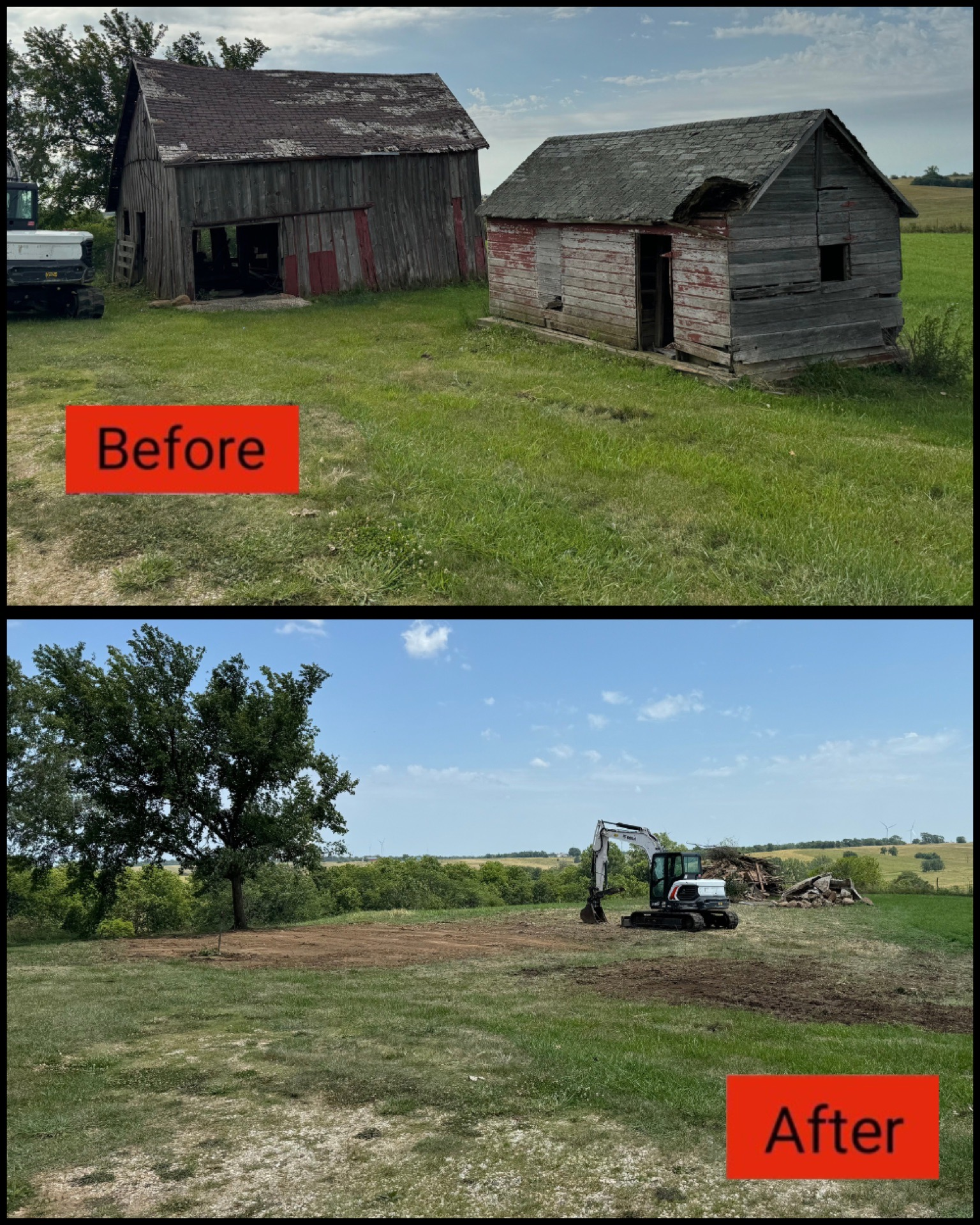 Before-and-after rural yard cleanup with old sheds removed and a tractor clearing grass.