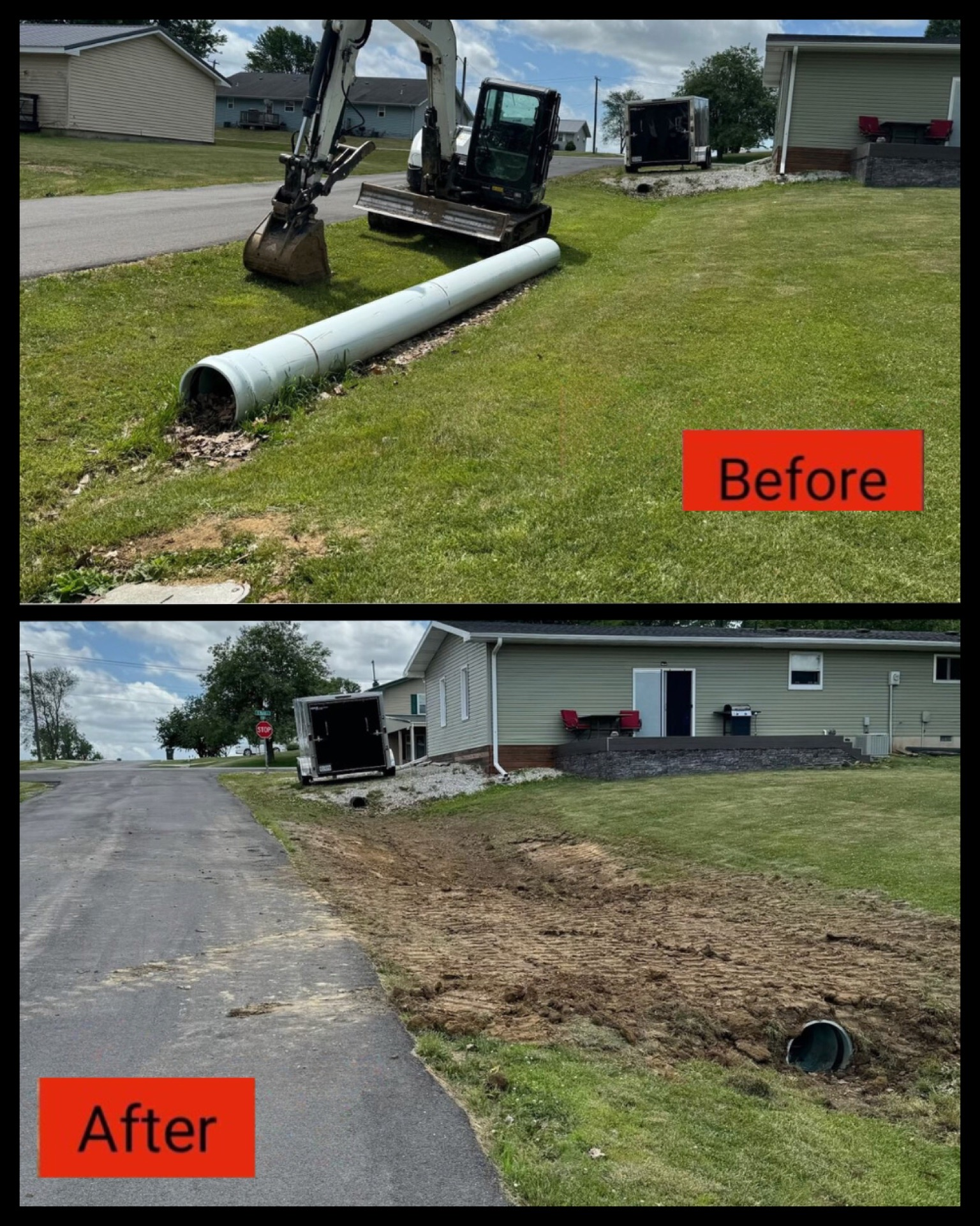 Roadwork before-and-after: excavator removes a large pipe and grass beside a house, leaving a dirt trench.