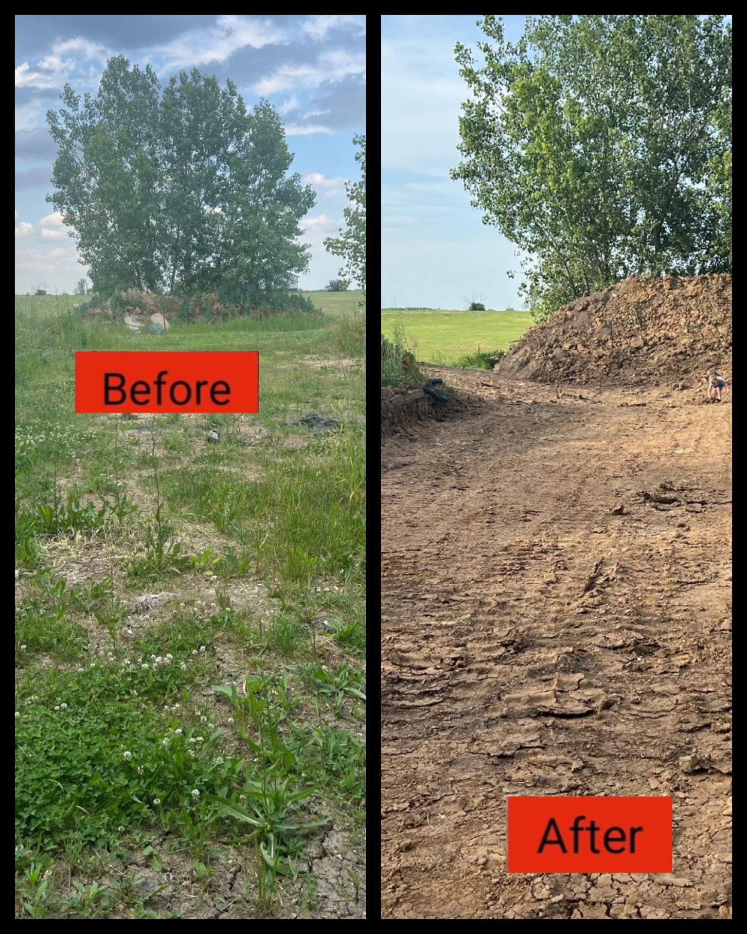 Before-and-after view of a grassy field with a tree; the after side shows a dirt mound and cleared ground.