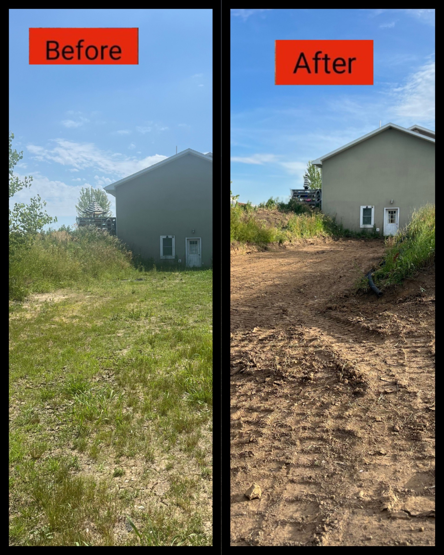Side-by-side yard before-and-after: grassy lawn changes to bare dirt beside a house under a blue sky.