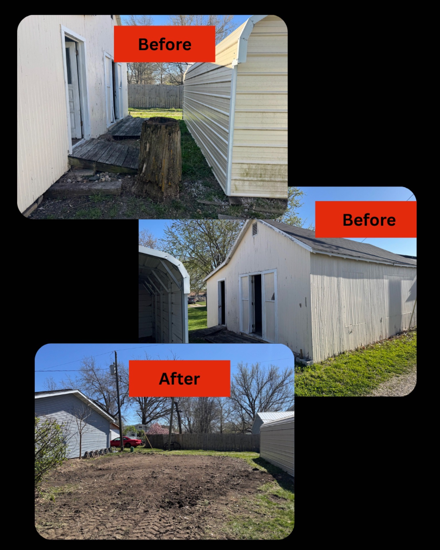 Before-and-after collage of a house side yard, showing overgrown grass replaced by a cleared dirt area.