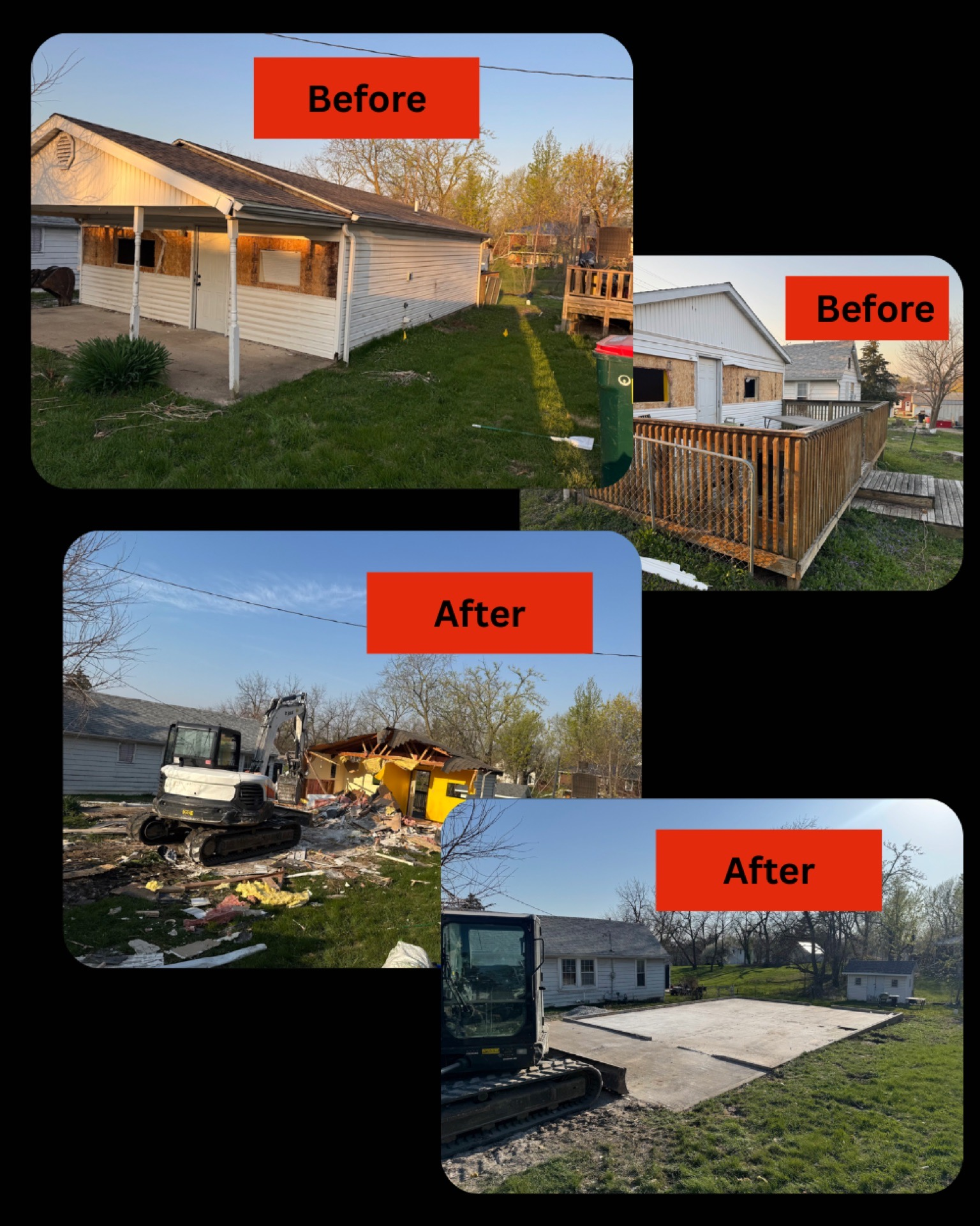 Before-and-after collage of a house and yard demolition and cleanup, with orange