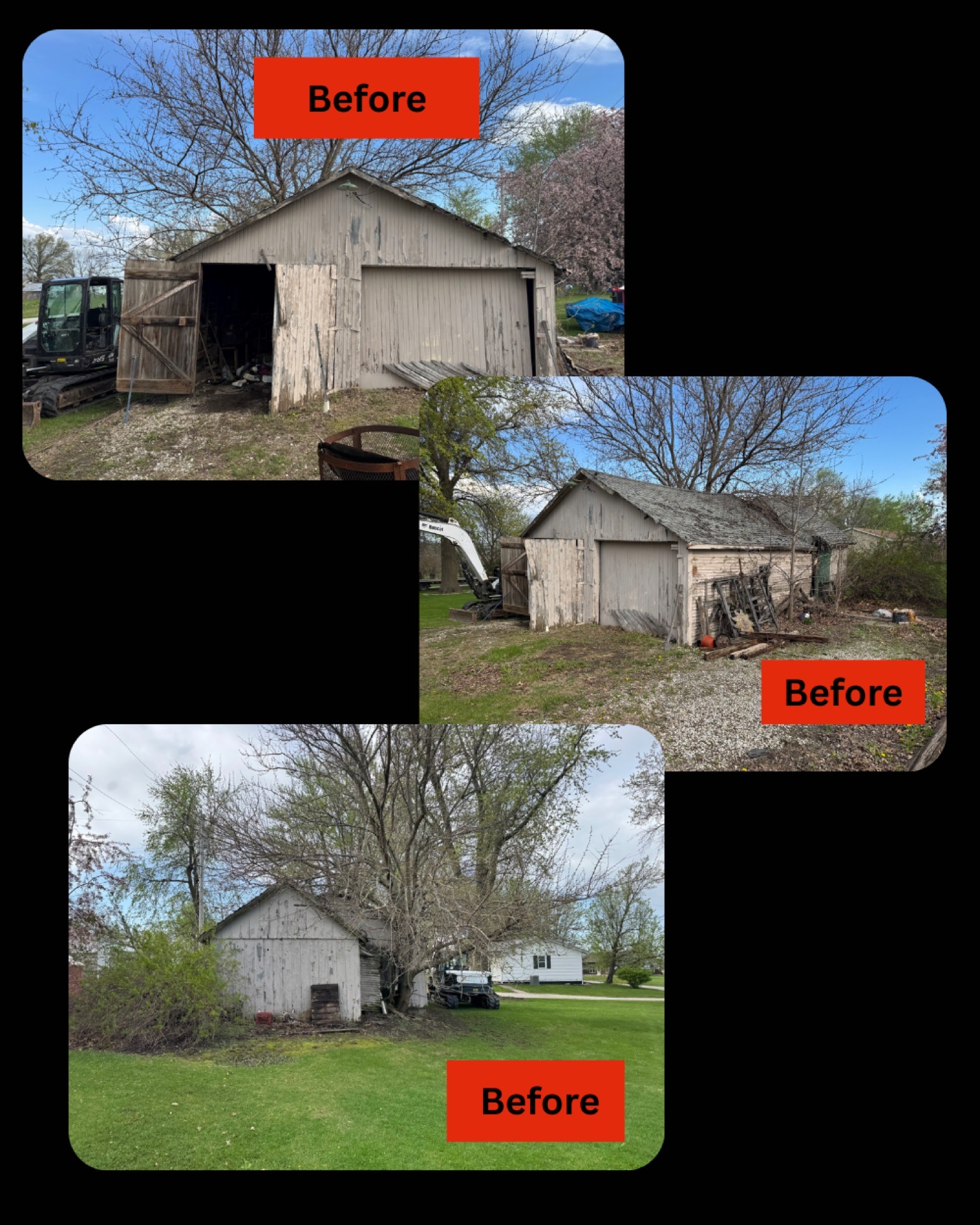 Three “Before” photos of a weathered gray shed in a grassy yard with trees.