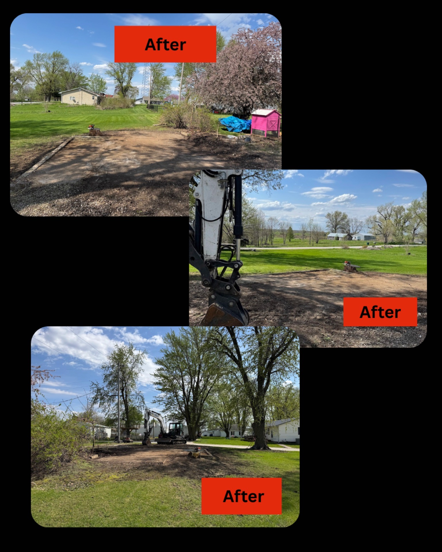 Three “After” photos of a cleared yard with dirt paths, trees, and a blue sky.