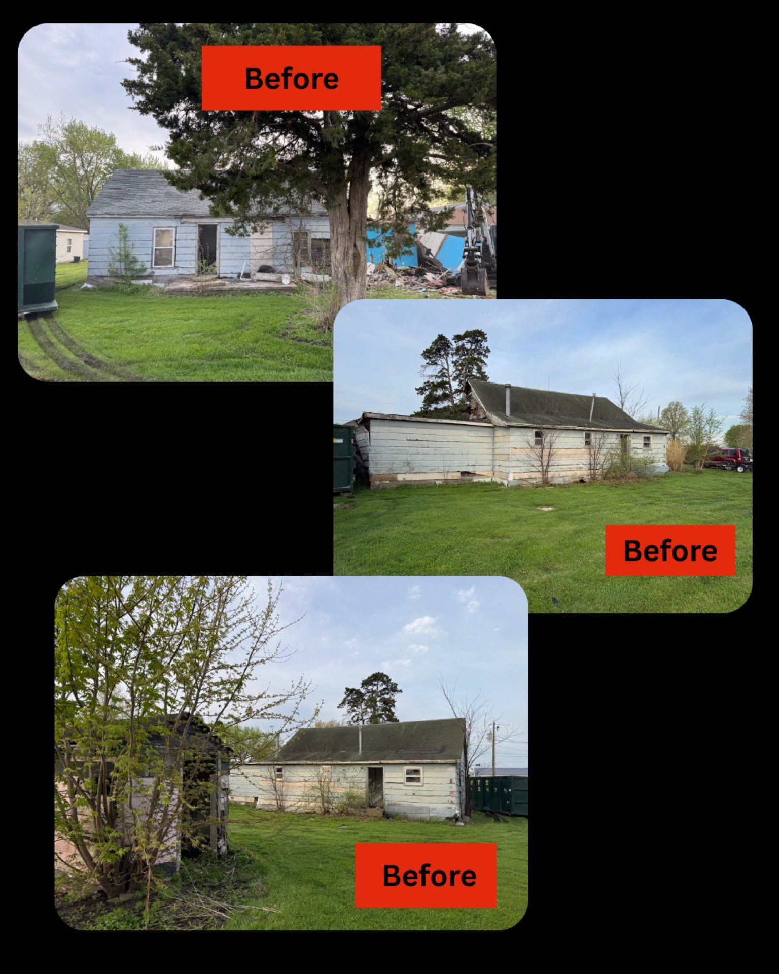 Three “Before” photos of a damaged white house and yard after a storm.