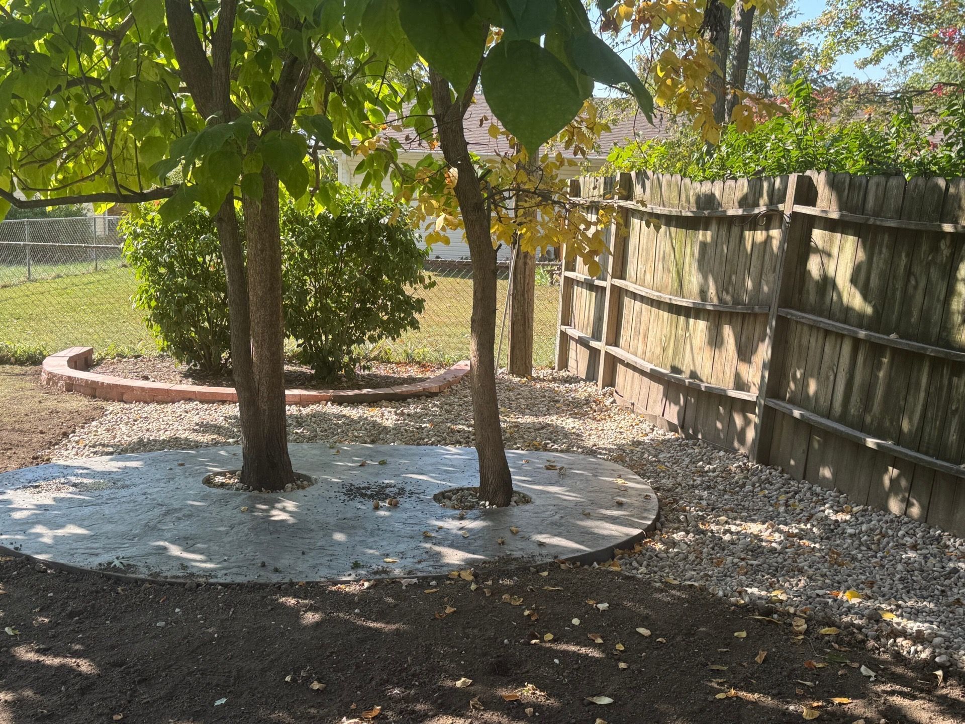 Backyard with two trees on a round concrete pad beside a wooden fence