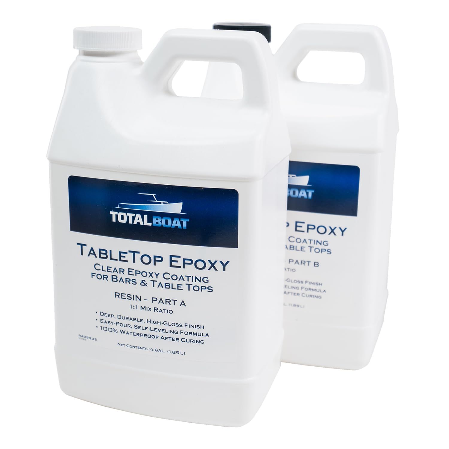 Two gallons of total boat tabletop epoxy sitting next to each other