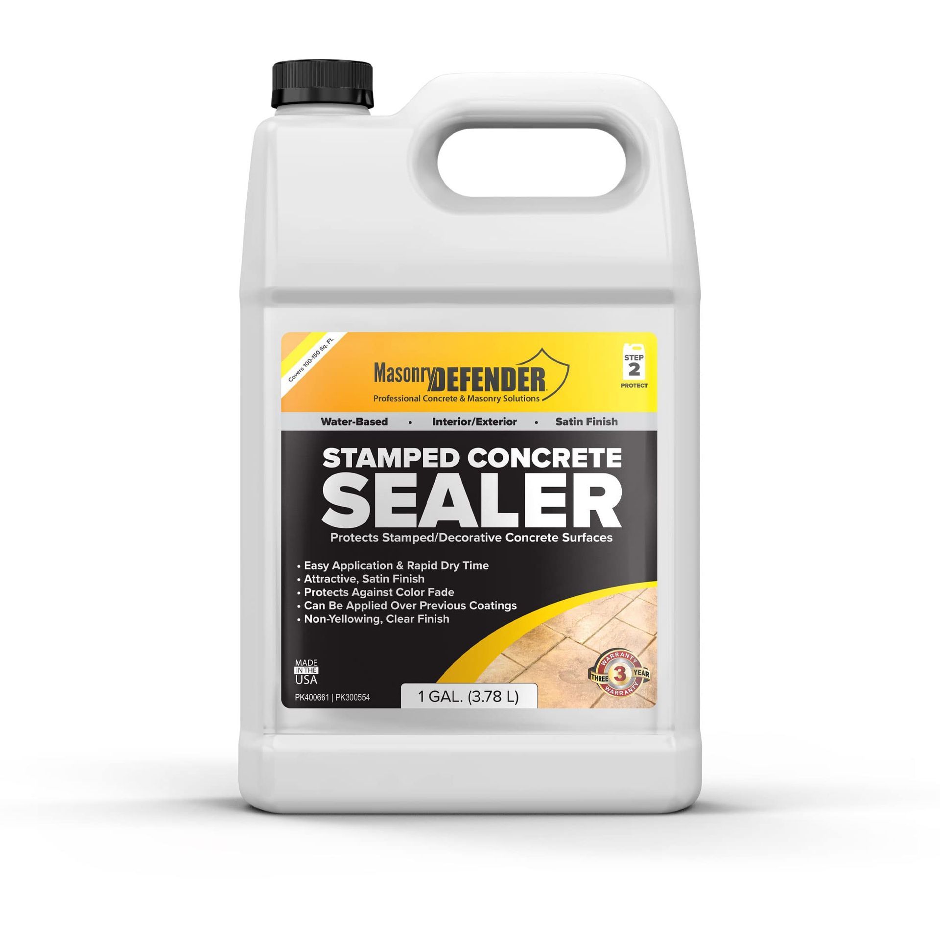 A bottle of stamped concrete sealer on a white background.