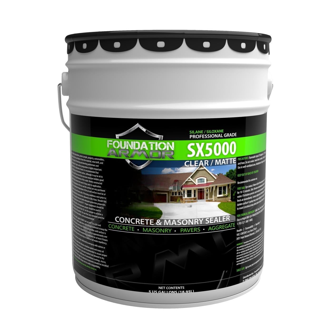 A bucket of foundation sx5000 clear matte concrete and masonry sealer.
