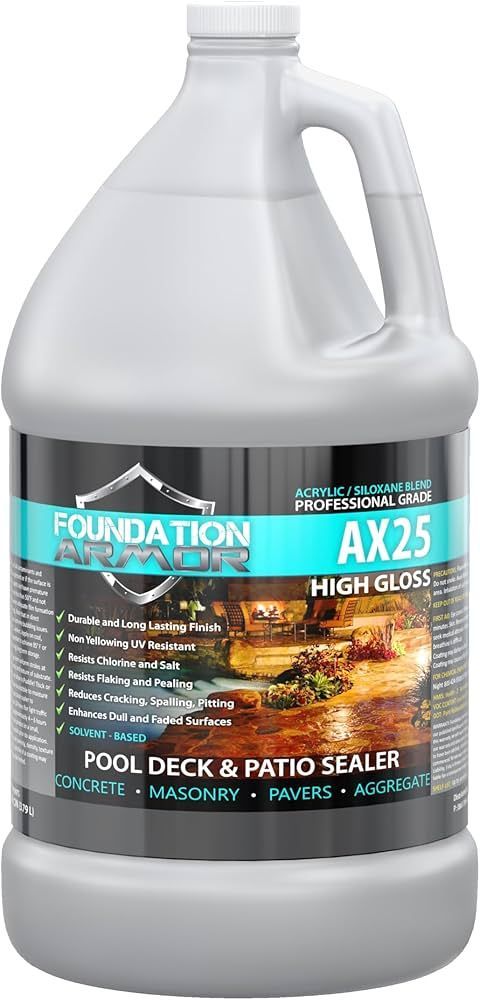 A gallon of foundation ax25 high gloss pool deck and patio sealer.