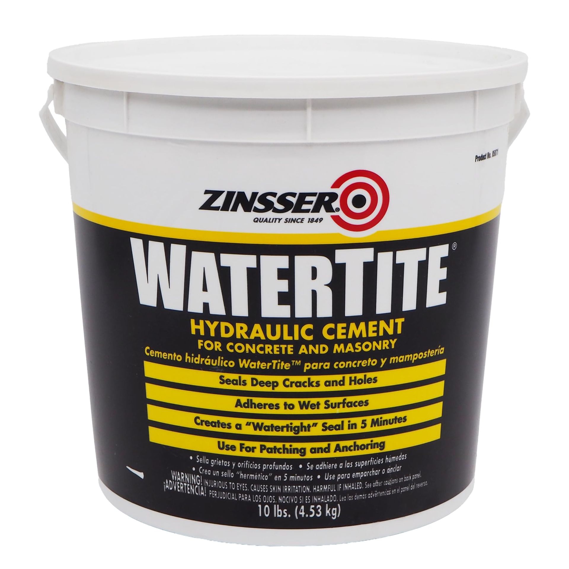 A bucket of zinsser watertite hydraulic cement for concrete and masonry