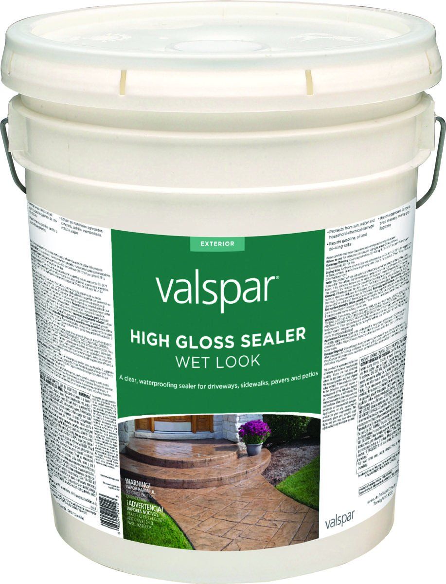 A bucket of valspar high gloss sealer wet look
