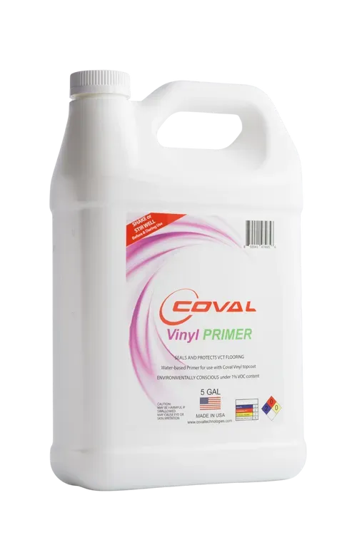 A gallon of coval vinyl primer on a white background.