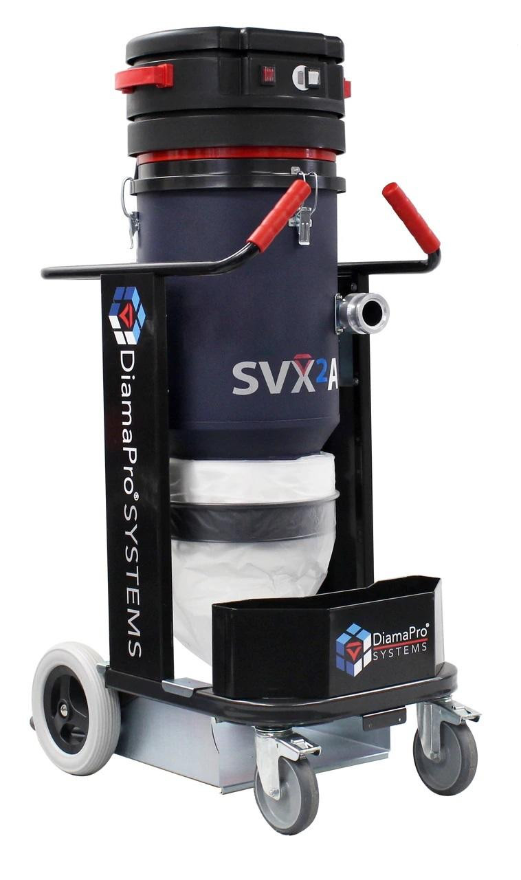 A vacuum cleaner is sitting on a cart on a white background.