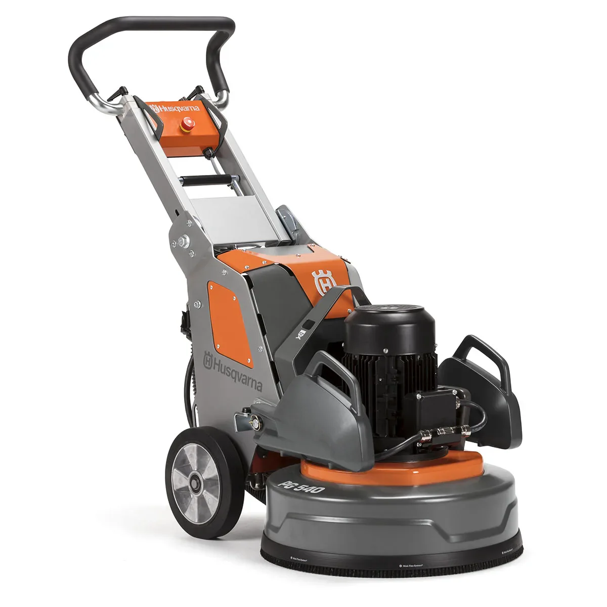 A concrete grinder with wheels and a handle on a white background.