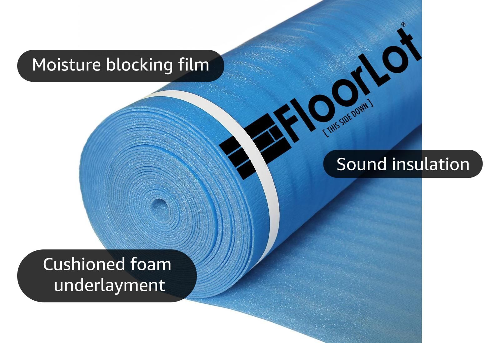 A roll of floorlot moisture blocking film cushioned foam underlayment and sound insulation