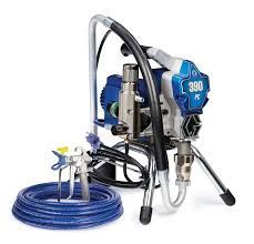 A paint sprayer with a hose attached to it on a white background.