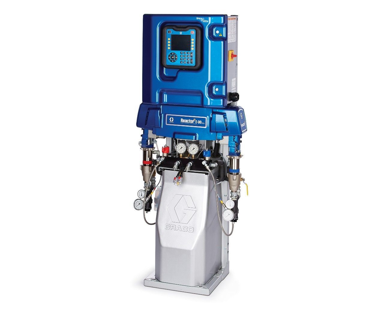 A blue machine is sitting on a stand on a white background.