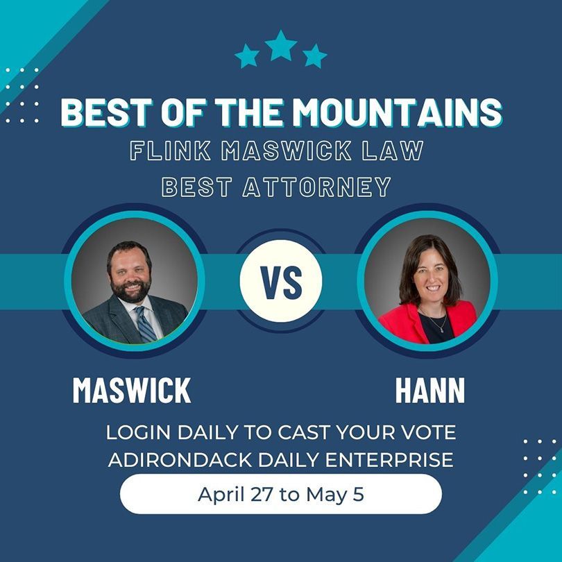 A poster for the best of the mountains contest for best attorneys with James Maswick and Allison Hann as candidates.