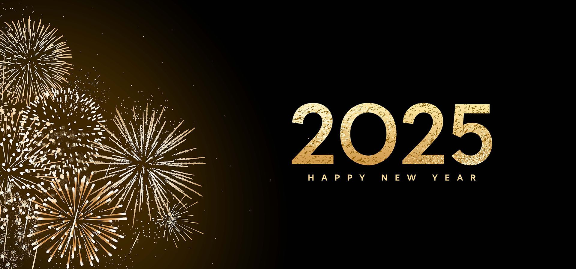 A happy new year 2025 in text with gold fireworks on a black background.